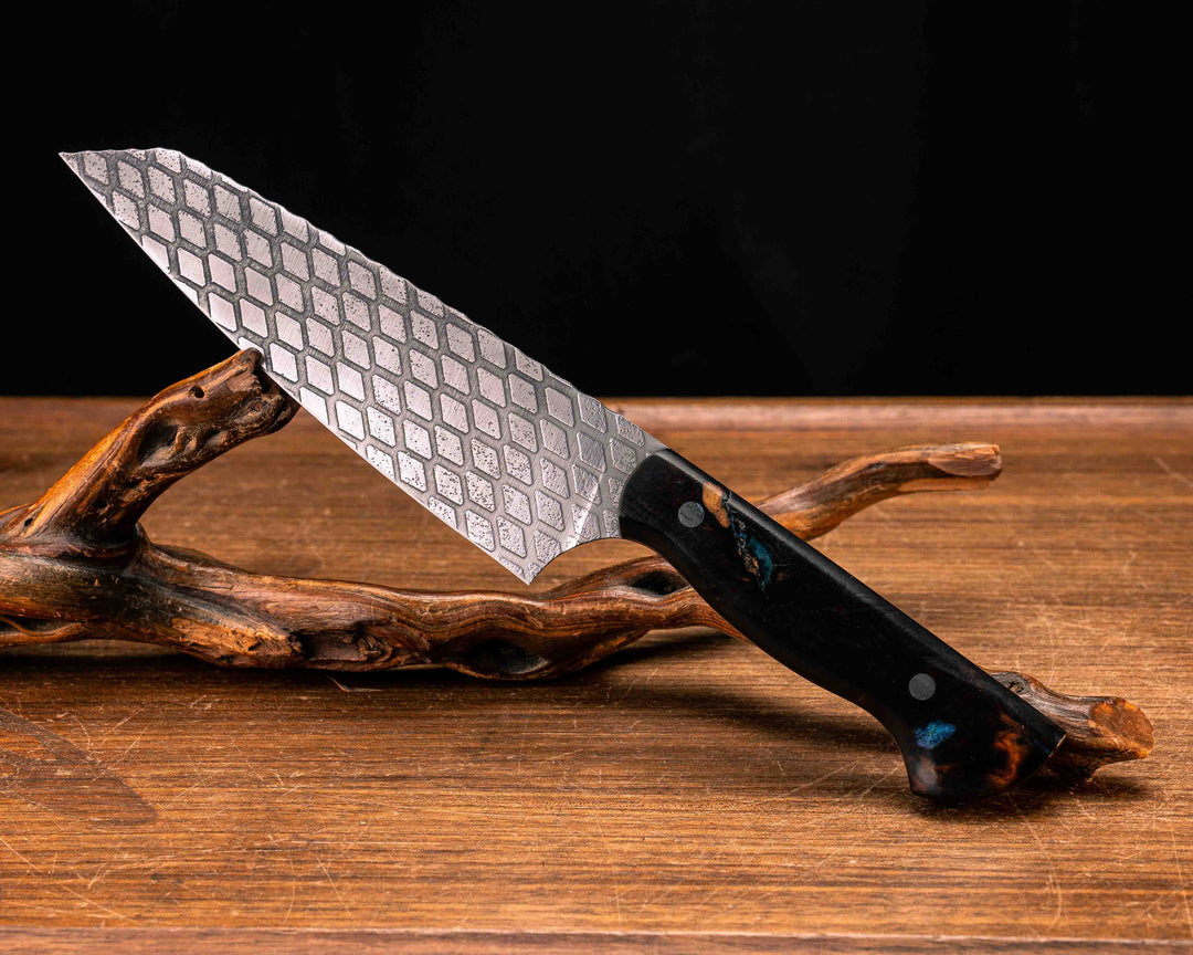 Santoku - Desert Ironwood and Blue Pearl Resin, Mosaic Pins, Smooth Grip