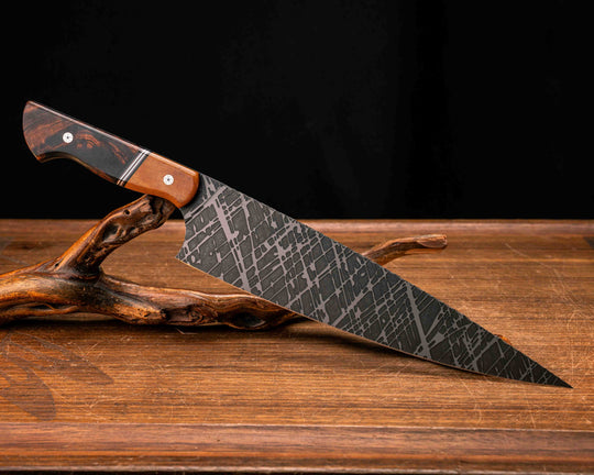 10" Chef Blade - Vintage Butterscotch Micarta, Black G10, Copper and Aluminum Split, Desert Ironwood, Mosaic Pins, Smooth Grip