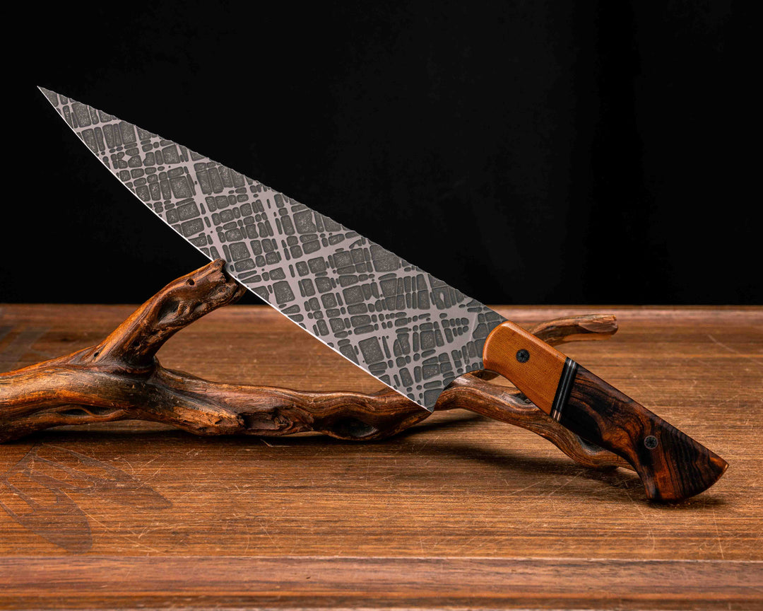 10" Chef Blade - Vintage Butterscotch Micarta, Black G10, Copper and Aluminum Split, Desert Ironwood, Mosaic Pins, Smooth Grip
