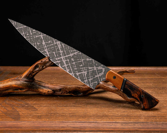 10" Chef Blade - Vintage Butterscotch Micarta, Black G10, Copper and Aluminum Split, Desert Ironwood, Mosaic Pins, Smooth Grip