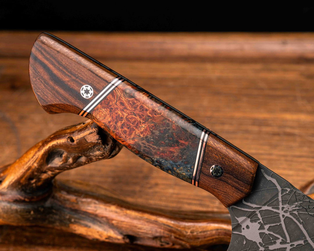 Santoku - Desert Ironwood, Black G10 and Copper Pin Striping, Dyed Black Ash Split, Mosaic Pins, Smooth Grip