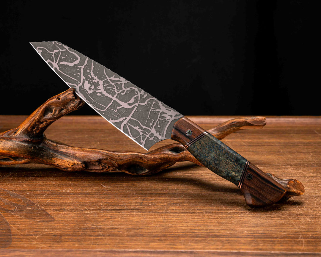 Santoku - Desert Ironwood, Black G10 and Copper Pin Striping, Dyed Black Ash Split, Mosaic Pins, Smooth Grip