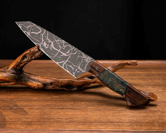 Santoku - Desert Ironwood, Black G10 and Copper Pin Striping, Dyed Black Ash Split, Mosaic Pins, Smooth Grip