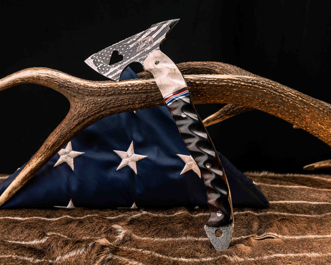 Bleeding Heart Hawk United States Semiquincentennial Special Edition- Elk Antler, Black G10, Aluminum, Cherry G10, White G10 and Blue G10 Split, Desert Ironwood, Patriot Mosaic Pins, Textured Grip