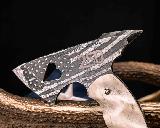 Bleeding Heart Hawk United States Semiquincentennial Special Edition- Elk Antler, Black G10, Aluminum, Cherry G10, White G10 and Blue G10 Split, Desert Ironwood, Patriot Mosaic Pins, Textured Grip