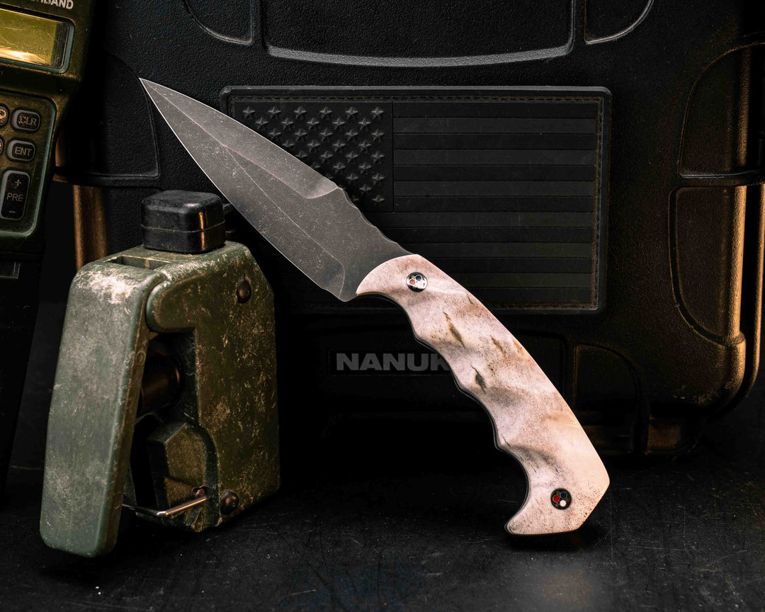 4" HUMINT- Elk Antler, Patriot Mosaic Pins, Textured Grip