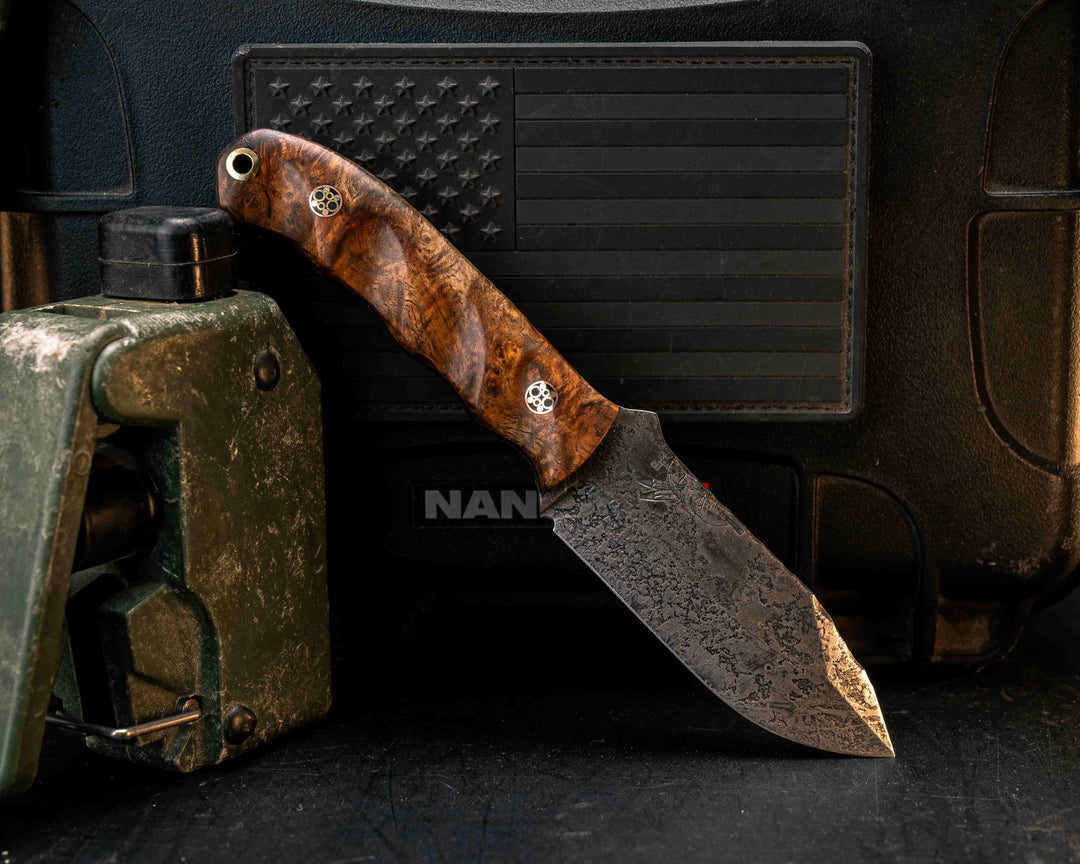 Disaster Cub- Amboyna Burl, Mosaic Pins, Brass Lanyard Pin, Textured Grip