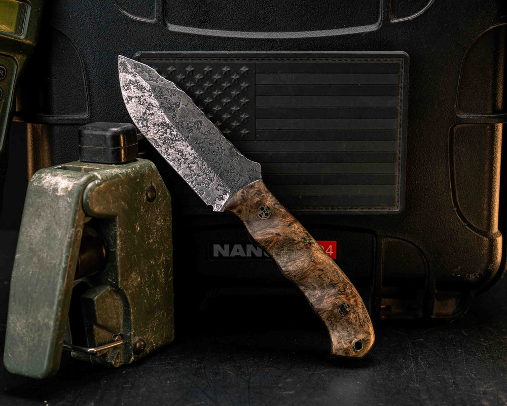 Disaster Cub- Amboyna Burl, Mosaic Pins, Brass Lanyard Pin, Textured Grip