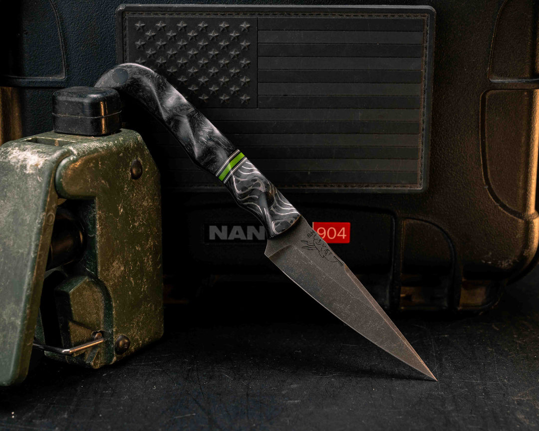 Slender Man- Silver Dragonstrike Carbon, Black, Grey, White and Acid Green G10 Split, CF Pins, Textured Grip