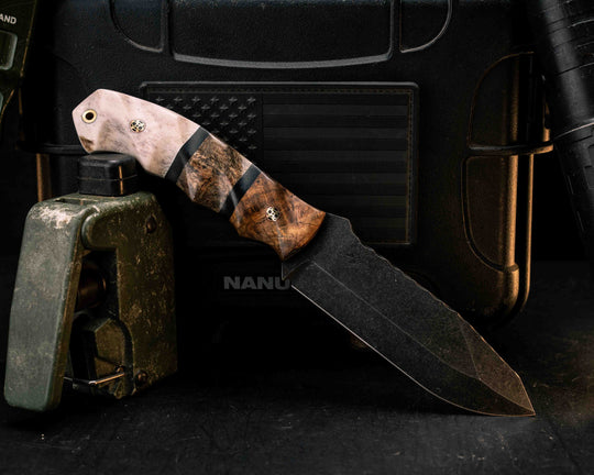 Disaster Breacher- Teak, Black Burlap Micarta and Dinosaur Bon Split, Elk Antler, Mosaic Pins, Brass Lanyard Pin, Textured Grip