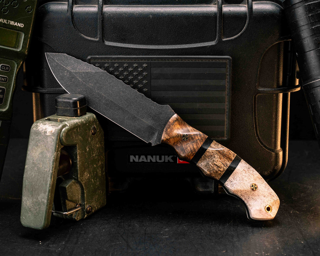 Disaster Breacher- Teak, Black Burlap Micarta and Dinosaur Bon Split, Elk Antler, Mosaic Pins, Brass Lanyard Pin, Textured Grip