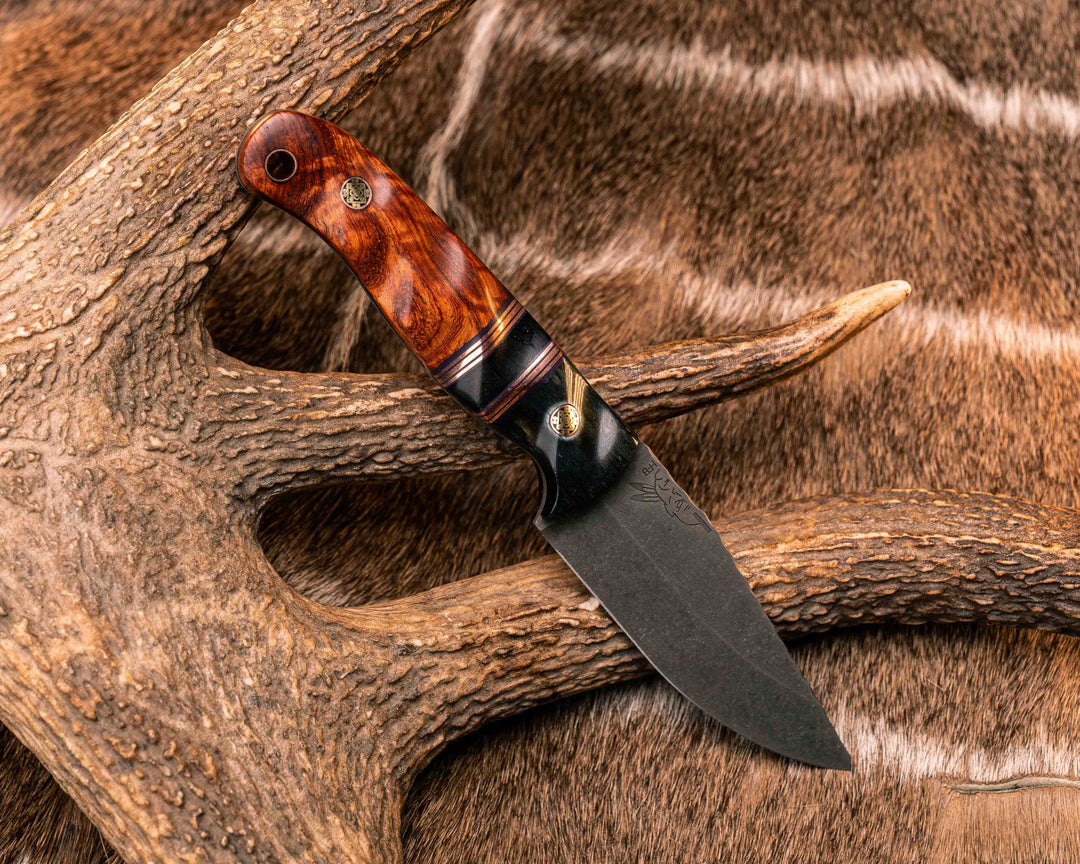 Feather Light- Dyed Giraffe Bone, Purple G10. Copper and Black G10 Pin Striping, Desert Ironwood Split, Orange Heart, Mosaic Pins, Copper Lanyard Pin, Textured Grip