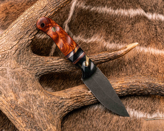 Feather Light- Dyed Giraffe Bone, Purple G10. Copper and Black G10 Pin Striping, Desert Ironwood Split, Orange Heart, Mosaic Pins, Copper Lanyard Pin, Textured Grip