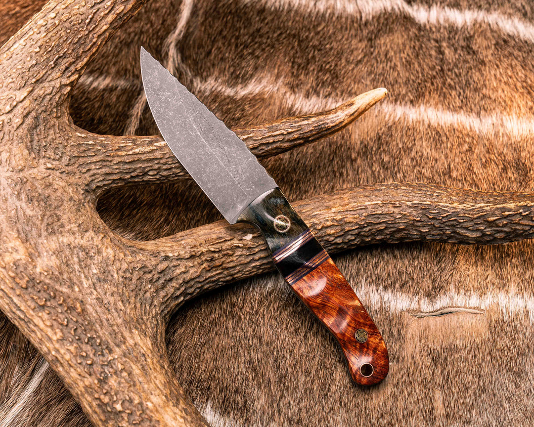 Feather Light- Dyed Giraffe Bone, Purple G10. Copper and Black G10 Pin Striping, Desert Ironwood Split, Orange Heart, Mosaic Pins, Copper Lanyard Pin, Textured Grip