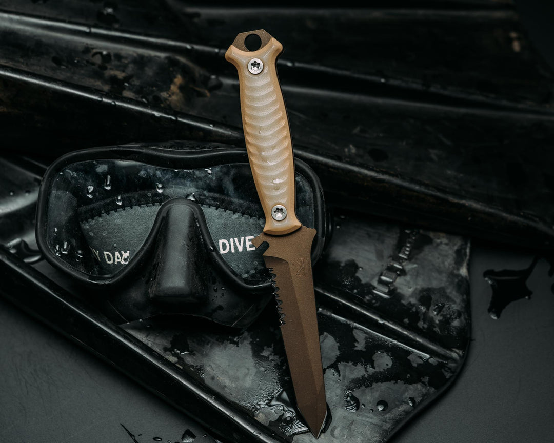 Dive knife Tanto- Ghost/Coyote G10, Midnight Bronze Cerakote, Ti Torx Bolts, Iron Grip