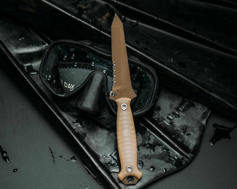 Dive knife Tanto- Ghost/Coyote G10, Midnight Bronze Cerakote, Ti Torx Bolts, Iron Grip