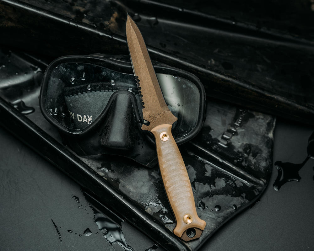 Dive knife- Ghost/Coyote G10, Midnight Bronze Cerakote, Brass Bolts, Iron Grip