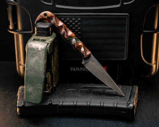 Slender Man- Desert Ironwood, Black G10, OD Green G10 and Brass Split, Brass Mosaic Pins, Brass Lanyard Pin, Textured Grip