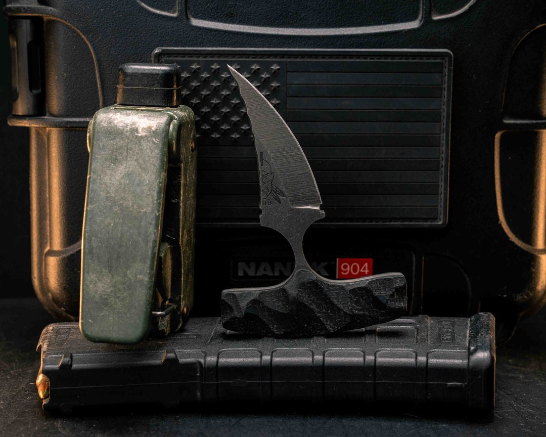 K9 Push Blade- Black Burlap Micarta, CF Pins, Textured Grip