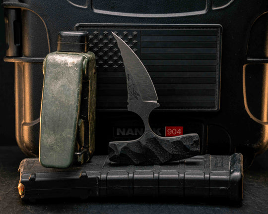 K9 Push Blade- Black Burlap Micarta, CF Pins, Textured Grip