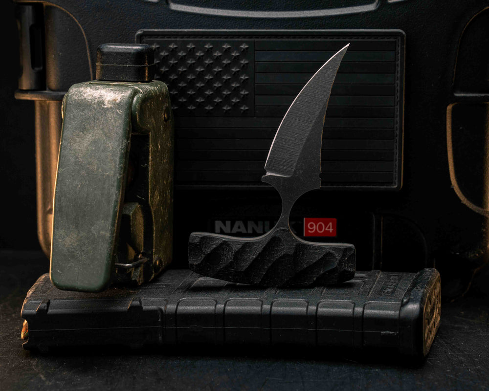 K9 Push Blade- Black Burlap Micarta, CF Pins, Textured Grip