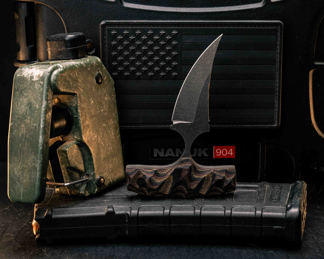 K9 Push Blade- Python Canvas Micarta, CF Pins, Textured Grip