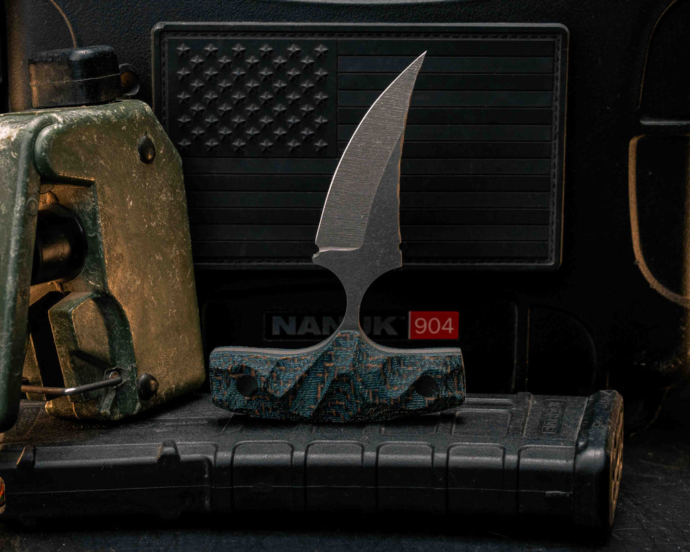 K9 Push Blade- Kumari Canvas Micarta, CF Pins, Textured Grip