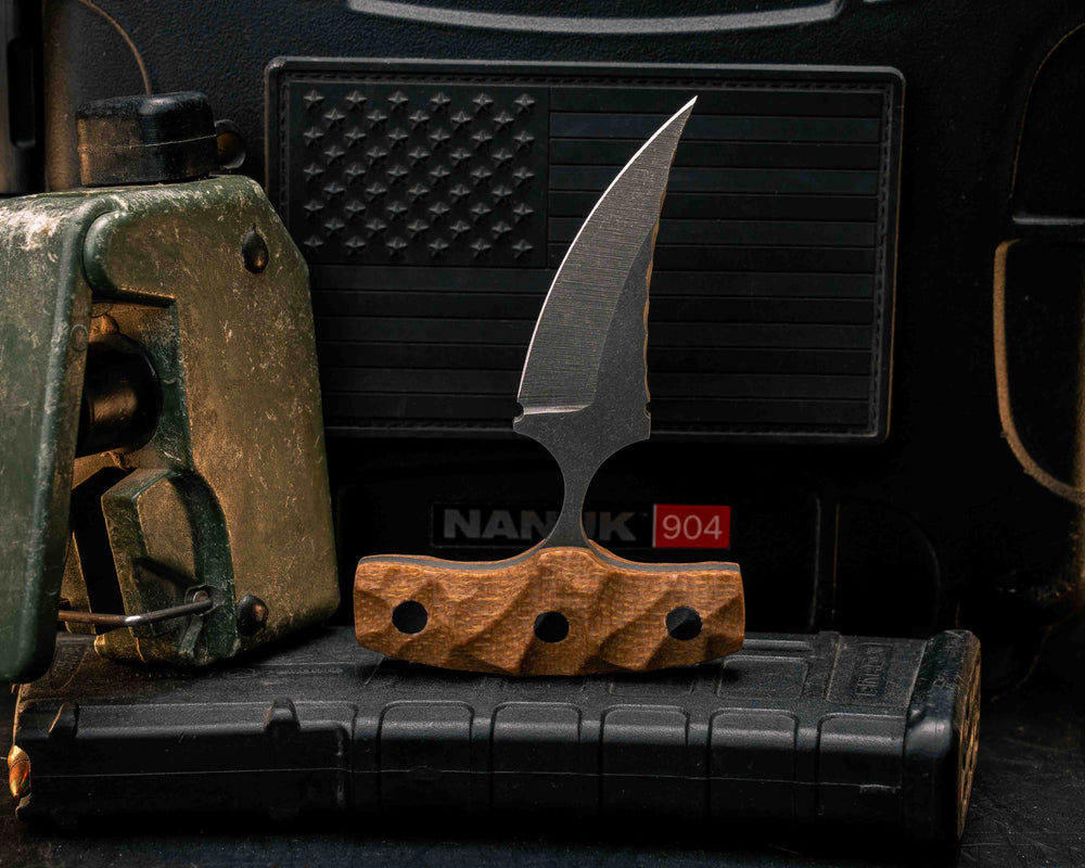 K9 Push Blade- Castille Jute Micarta, CF Pins, Textured Grip