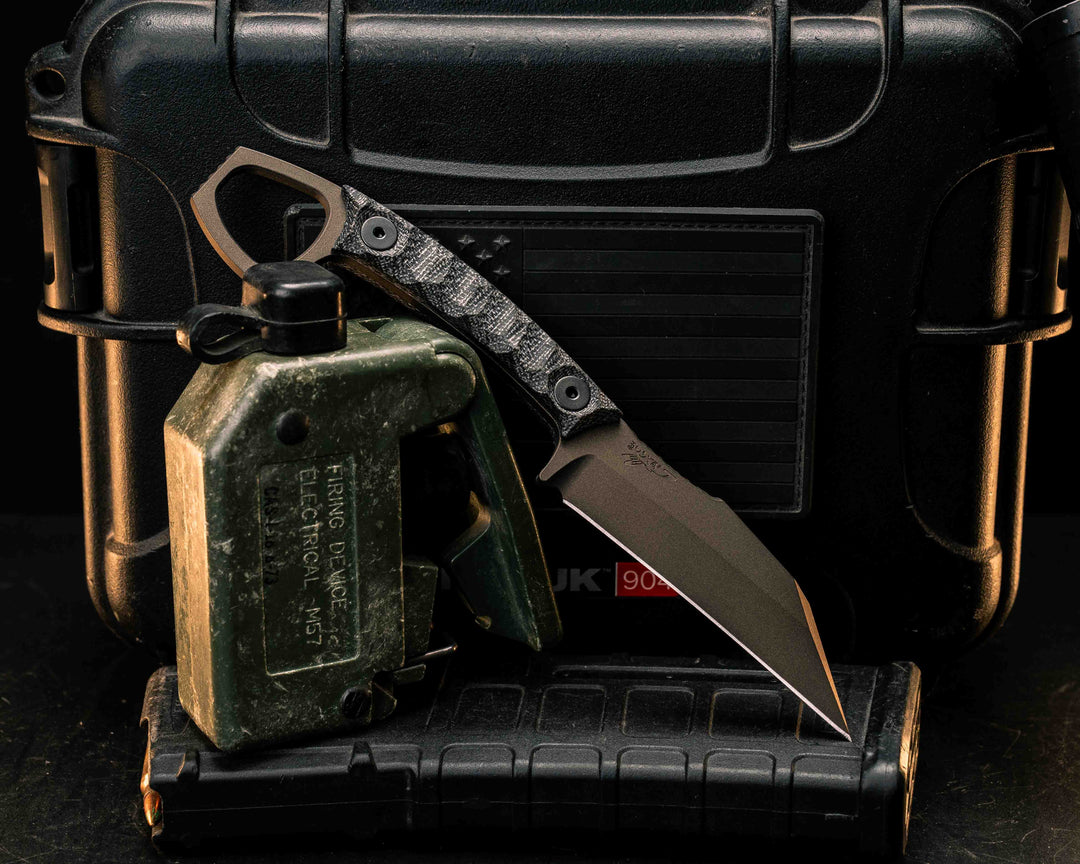 SHPOS- Black Canvas Micarta, Midnight Bronze Cerakote, Allen Bolts, Textured Grip