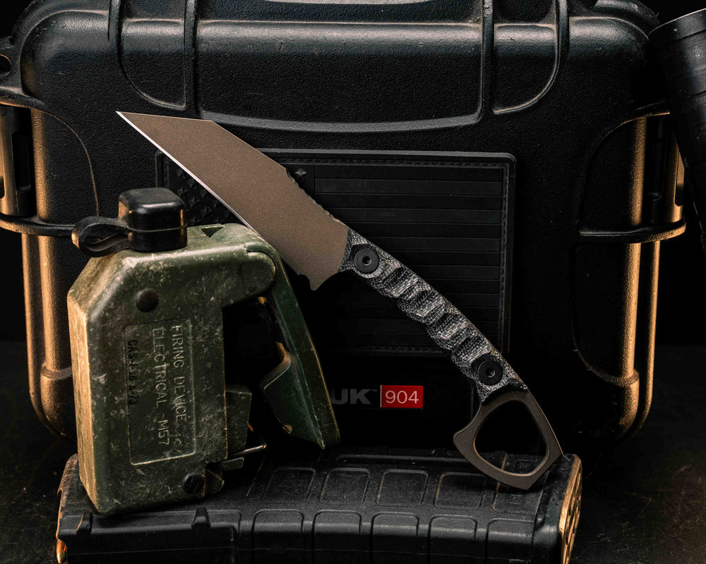 SHPOS- Black Canvas Micarta, Midnight Bronze Cerakote, Allen Bolts, Textured Grip