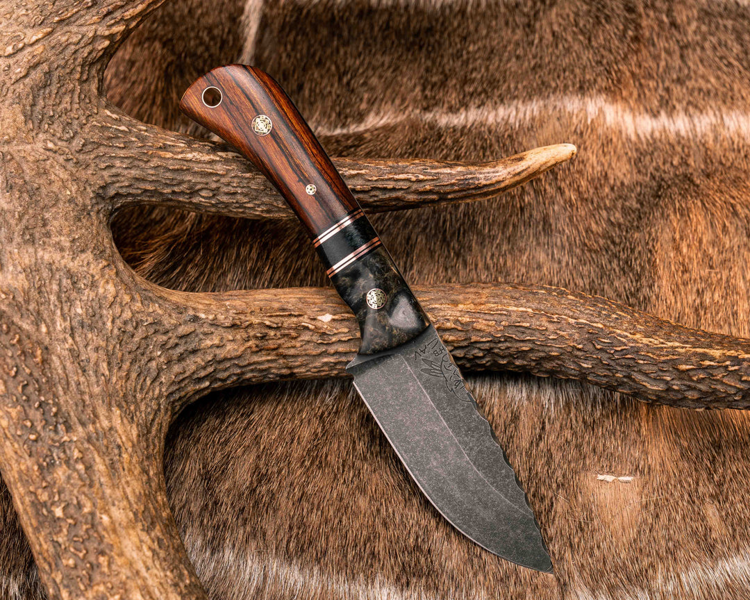 Cav Jr- Dyed Redwood, Black G10 and Copper Pin Striping, Black Canvas Micarta Split, Desert Ironwood, Mosaic Pins, Textured Grip