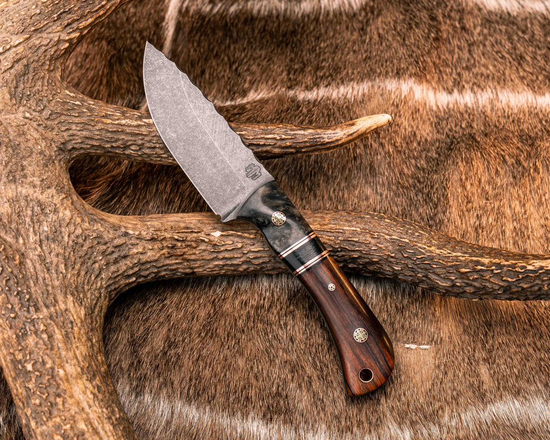 Cav Jr- Dyed Redwood, Black G10 and Copper Pin Striping, Black Canvas Micarta Split, Desert Ironwood, Mosaic Pins, Textured Grip
