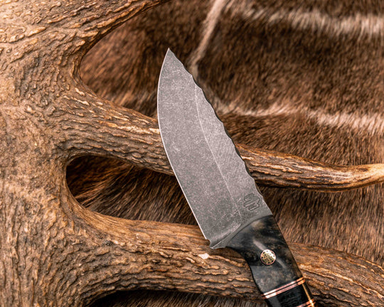 Cav Jr- Dyed Redwood, Black G10 and Copper Pin Striping, Black Canvas Micarta Split, Desert Ironwood, Mosaic Pins, Textured Grip