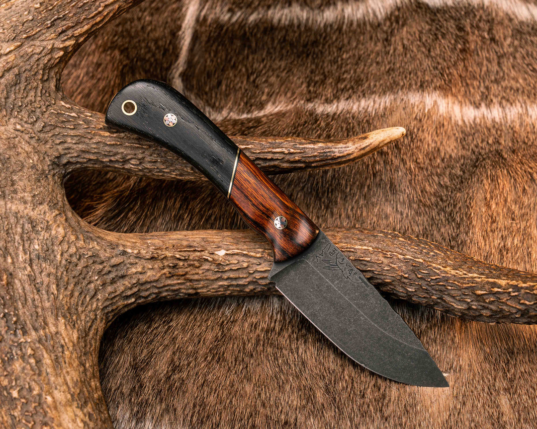 Cav Jr- Desert Ironwood, Black G10 and Brass Split, Ancient Bog Oak, Mosaic Pins, Brass Lanyard Pin, Textured Grip