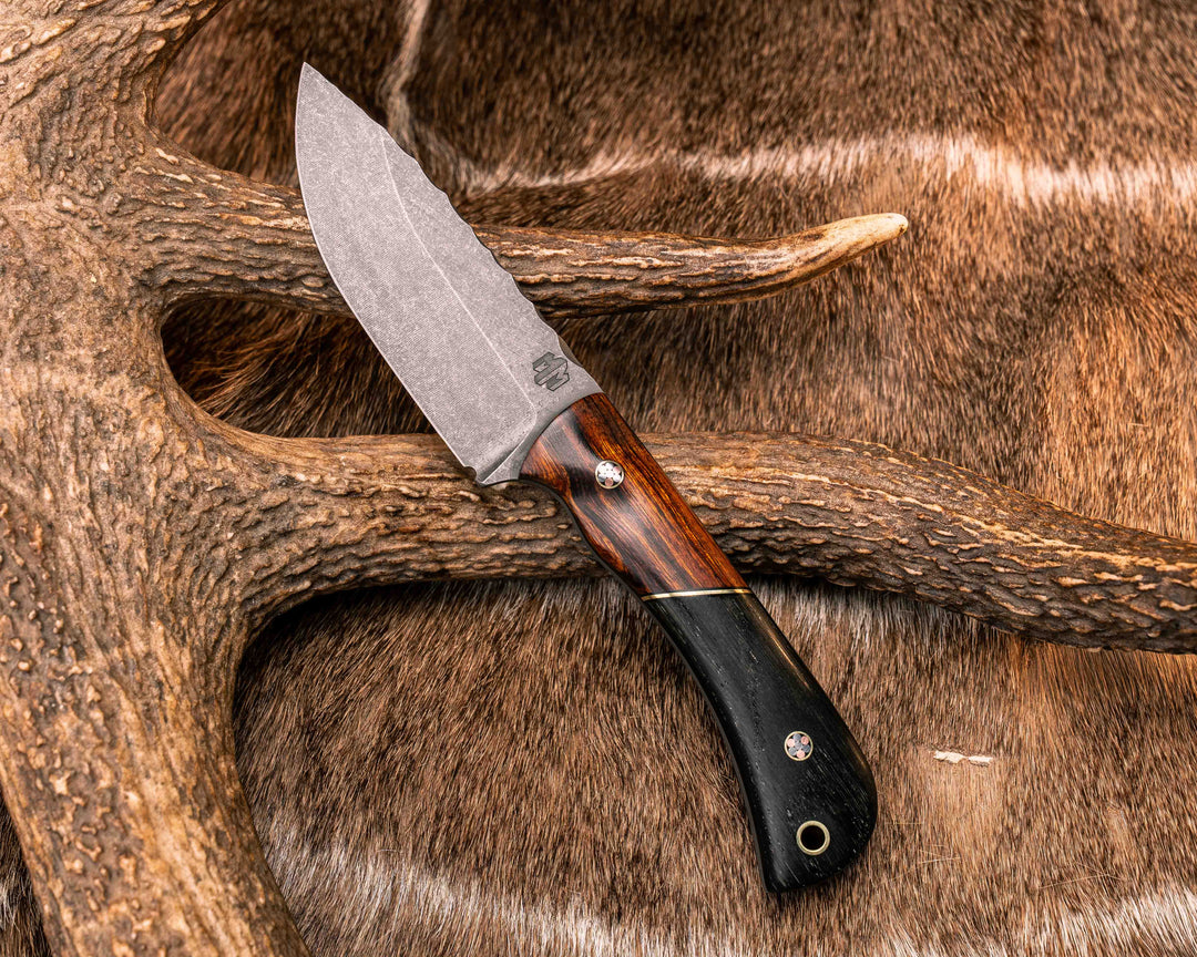 Cav Jr- Desert Ironwood, Black G10 and Brass Split, Ancient Bog Oak, Mosaic Pins, Brass Lanyard Pin, Textured Grip