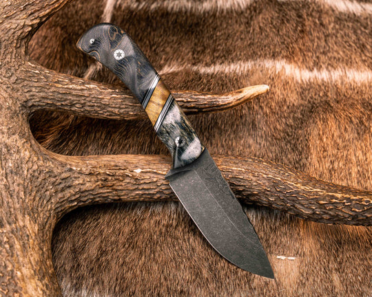 Cav Jr- Giraffe Bone, Black G10 and Aluminum Pin Striping, Dyed Curly Maple Split, Dyed White Oak, Mosaic Pins, Textured Grip