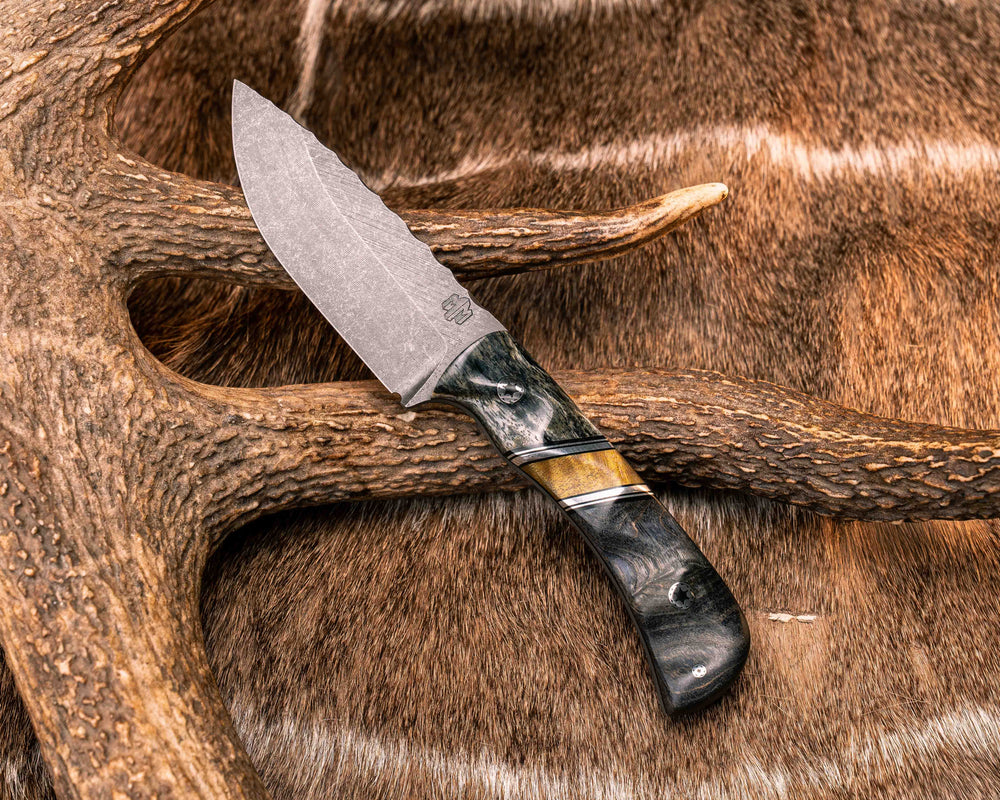 Cav Jr- Giraffe Bone, Black G10 and Aluminum Pin Striping, Dyed Curly Maple Split, Dyed White Oak, Mosaic Pins, Textured Grip