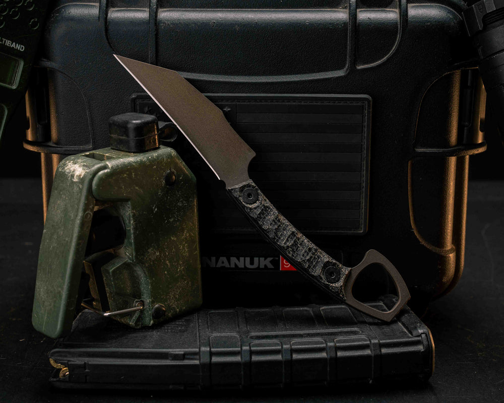 SOPHS- Black Burlap Micarta, Midnight Bronze Cerakote, Allen Bolts, Textured Grip