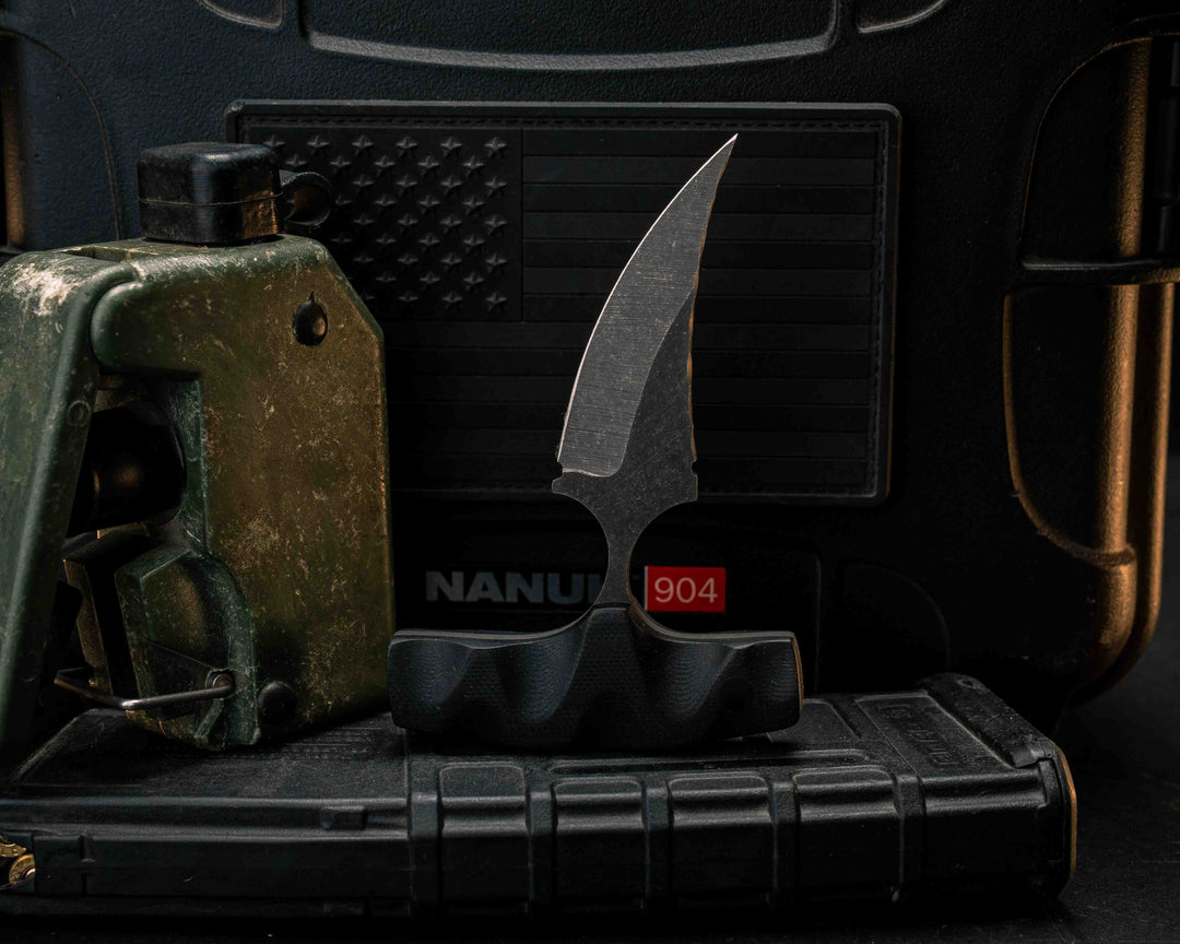 K9 Push Blade- Black G10, CF Pins, Textured Grip