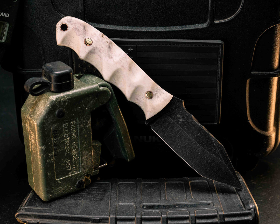 Disaster Jr Tanto- Elk Antler, Mosaic Pins, Copper Lanyard Pin, Textured Grip