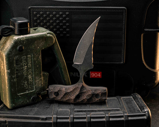 K9 Push Blade- Bison Jute Micarta, CF Pins, Textured Grip