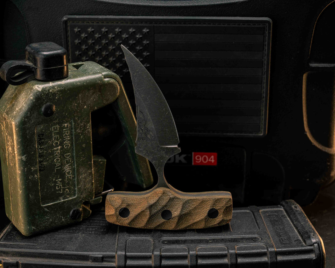 K9 Push Blade- OD Green Canvas Micarta, CF Pins, Textured Grip