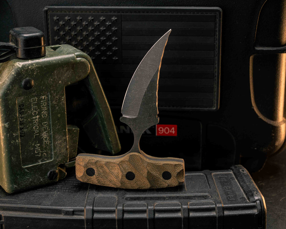 K9 Push Blade- OD Green Canvas Micarta, CF Pins, Textured Grip