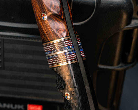 Warbird- Desert Ironwood, Black G10, Bronze and Aluminum Pin Striping, Red, White and Blue Carbon Split, Carbon, Patriot Mosaic Pins, Textured Grip