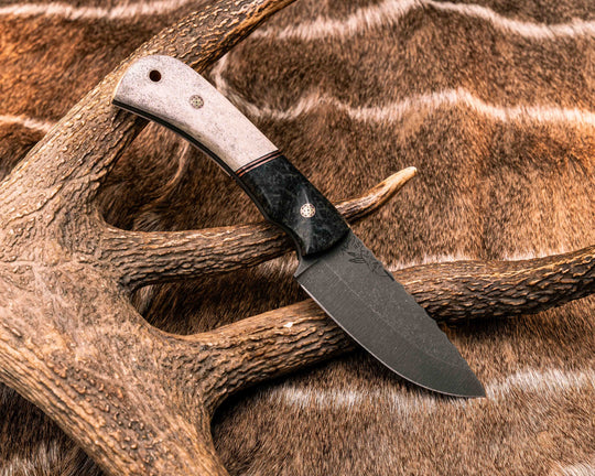 Cavner- Dyed Amboyna, Black G10 and Copper Split, Elk Antler, Mosaic Pins, Copper Layard Pin, Textured Grip