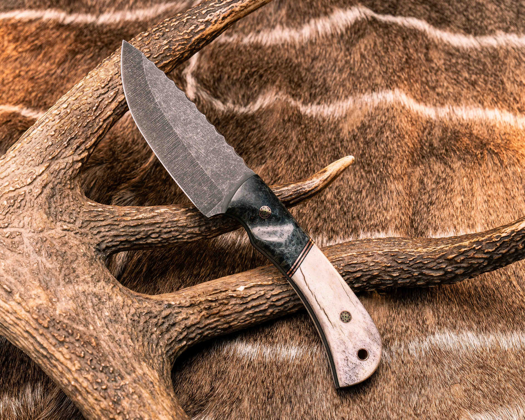 Cavner- Dyed Amboyna, Black G10 and Copper Split, Elk Antler, Mosaic Pins, Copper Layard Pin, Textured Grip