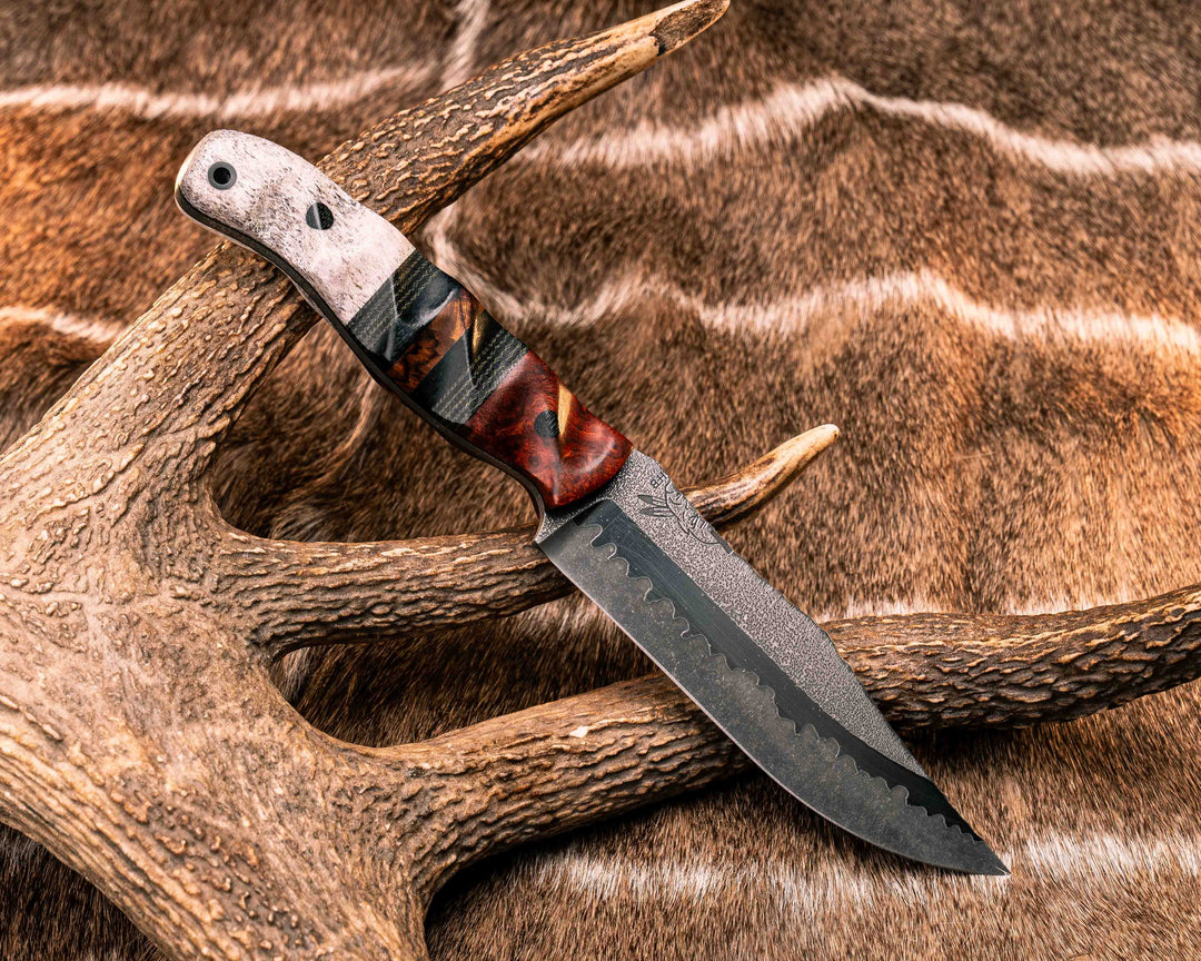 Crow Scout- Orange Heart, OD Green and Black Canvas Micarta, Black Canvas Micarta and Desert Ironwood Split, Elk antler, Black Micarta Pins, CF Lanyard Pin, Textured Grip