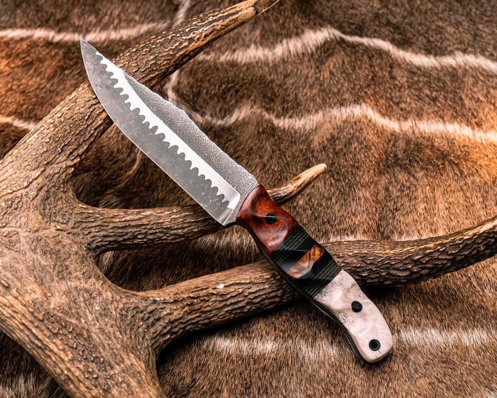 Crow Scout- Orange Heart, OD Green and Black Canvas Micarta, Black Canvas Micarta and Desert Ironwood Split, Elk antler, Black Micarta Pins, CF Lanyard Pin, Textured Grip