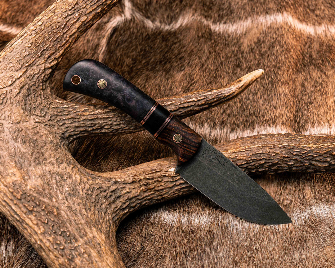 Cav Jr- Desert Ironwood, Black G10 and Copper, Split, Dyed Redwood, Mosaic Pins, Copper Lanyard Pin, Textured Grip