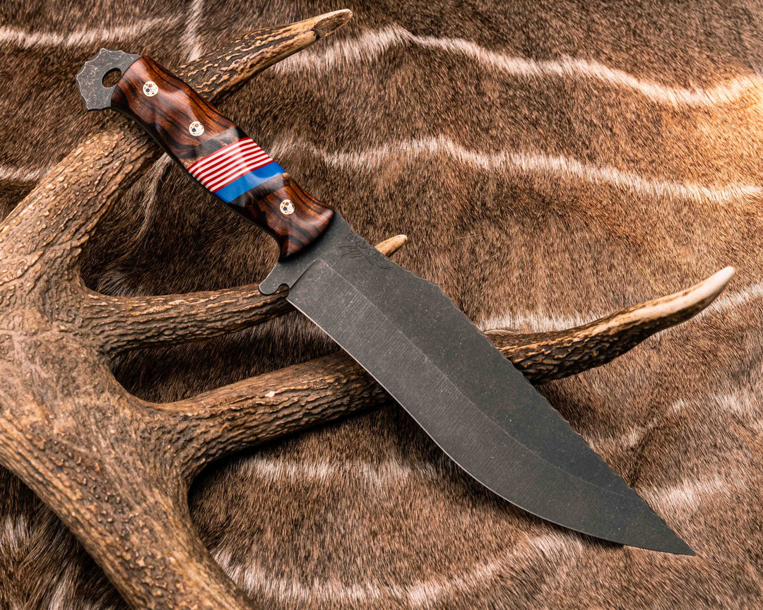 American Bowie- Desert Ironwood, Hawaiian Curly Koa, Blue, Cherry and White G10 Split, Patriot Mosaic Pins, Textured Grip